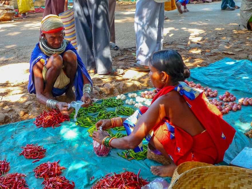 A Bonda woman in metal neck rings selling chillies at the Onkadelli market